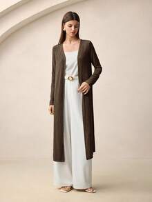 BizChic Women's Autumn Cardigan, Long Open Front Knitted Sweater Coat, Casual Office Business Wear, Basic Style,Fall - Brown - View 6