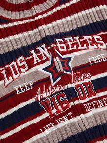 ROMWE Avant Cárdigan de punto ajustado, versátil, con cuello alto, cierre de cremallera, estilo deportivo retro, bordado de letra universitaria y rayas, ideal para volver al colegio