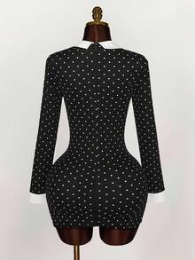Y2K Amplova Polka Dot Top Women's Wednesday Contrast Color Collar Long Sleeve Shirt Collar Fashionable Mini Dress Halloween Dress - Black - View 7