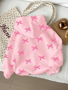 Sudadera de punto suave de manga larga con cuello redondo, cómoda y de corte holgado, con estampado de lazos, para niñas jóvenes de uso diario