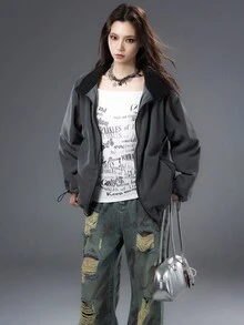 Bloopia Jachetă din fleece cu fermoar și guler înalt, culoare solidă, casual, pentru femei, toamnă - Gri - Vizualizare 3