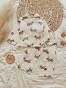 Vintaside Kids 1 Conjunto de camisa de manga larga con cuello y pantalones cómodos para niño pequeño, versátil para acampar, usar en casa, adecuado para la temporada de otoño, práctico y de moda para el tiempo libre al aire libre o en casa - Albaricoque - Ver 2