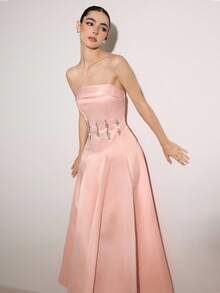 Poshira Rhinestone Decor Strapless Glamorous Ball Gown Dress (Heavily Embellished) - Pink - View 5