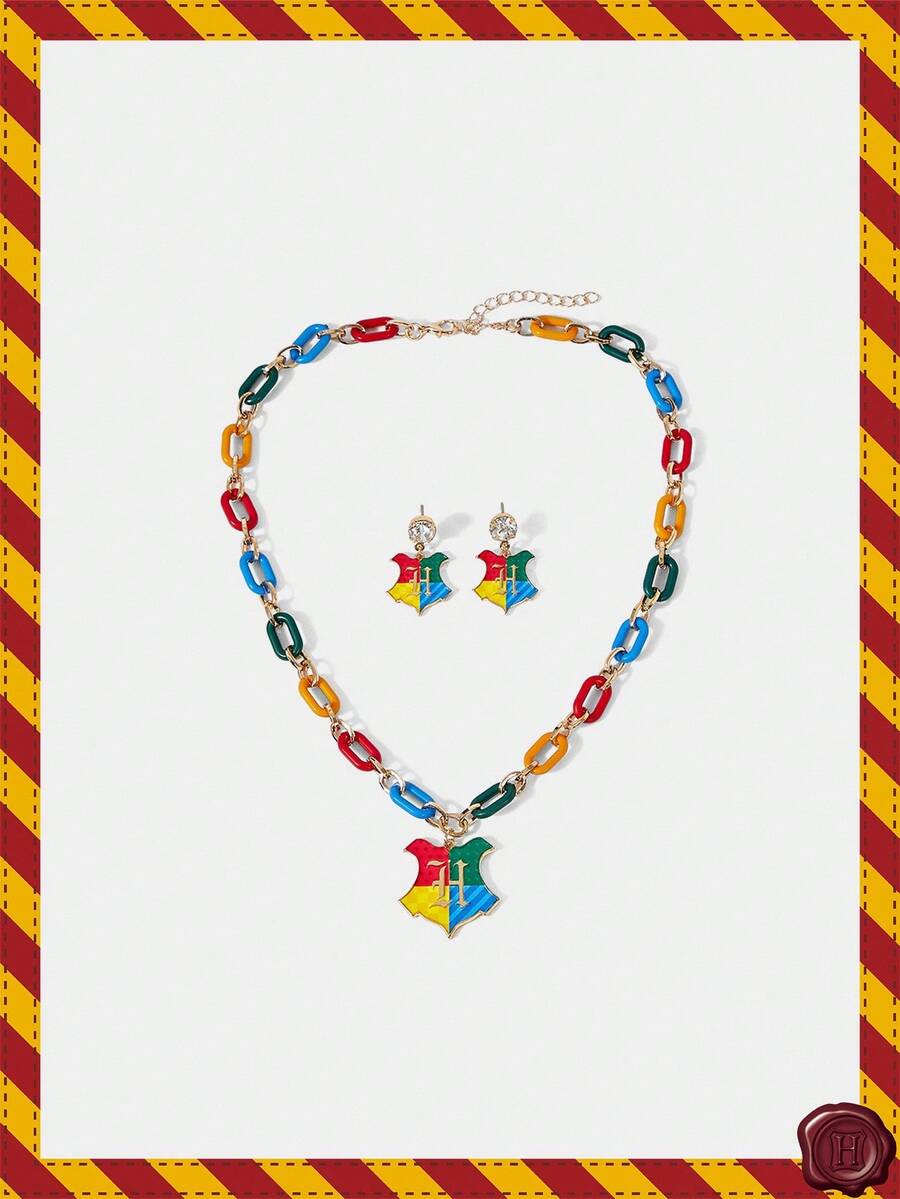 HARRY POTTER X SHEIN Color Block Letter Design Fashion Necklace & Earrings Set - Gold - View 1