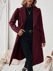 Franclia Plus Size Women Classic Casual Minimalist Lapel Cinched Waist Button Pocket Mid-Length Coat, Autumn/Winter Fall Cloth For Women Winter Autumn