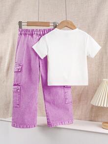 Elladie kids 年轻女孩休闲修身短袖圆领 T 恤，带有可爱的 3D 蝴蝶刺绣牛仔布贴片设计，女孩宽松水洗牛仔工装裤，带有多个口袋，休闲时尚，适合日常穿着 - 彩色 - 查看 2