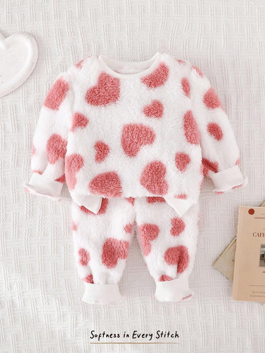 Cozy Pixies Đồ ngủ vải nhung cổ tròn họa tiết trái tim màu tương phản cho bé gái - Nhiều màu - Xem 1