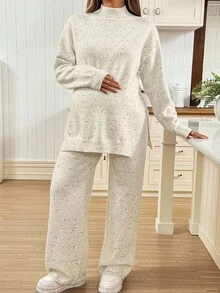 SHEIN 孕妇波点提花休闲立领侧开衩毛衣和针织裤套装，腰带可调节。秋冬女式毛衣秋季女装秋季毛衣孕妇毛衣两件套米色冬季孕妇休闲套装两件套孕妇套装孕妇毛衣套装舒适孕妇套装孕妇家居服 - 彩色 - 查看 7