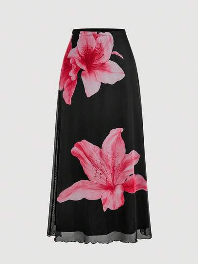 SHEIN MOD กระโปรงถักพิมพ์ลายสีดำสำหรับผู้หญิง