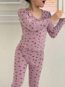 DAZY 年轻女孩碎花长袖睡衣套装 - 紫色 - 查看 5