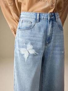 SHEIN Frenchy Damen Lässig Everyday Verwaschen Schrägtasche Destroyed Gerade Bein Jeans - Blau - Übersicht 6