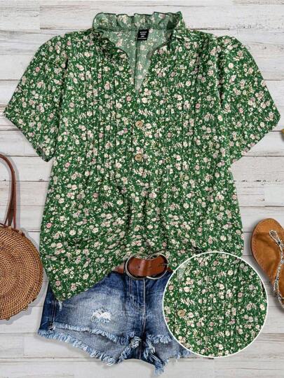 Franclia Plus Size Casual Everyday Loose Allover Print Short Sleeve Shirt