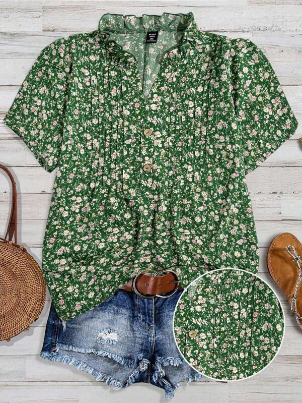 Franclia Camisa de manga corta con estampado integral, suelta y casual, para tallas grandes