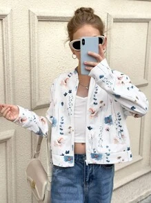 SHEIN Tween 女童休闲花卉印花针织拉链棒球夹克，秋冬时尚外套