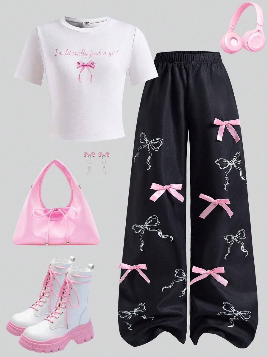 SHEIN ChillGRL 青少年女孩标语蝴蝶结印花圆领短袖T恤和阔腿裤套装 - 黑與白 - 查看 1