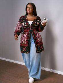 Slaydiva 大码女式豹纹花卉图案落肩长袖休闲针织开衫，秋季 - 彩色 - 查看 5