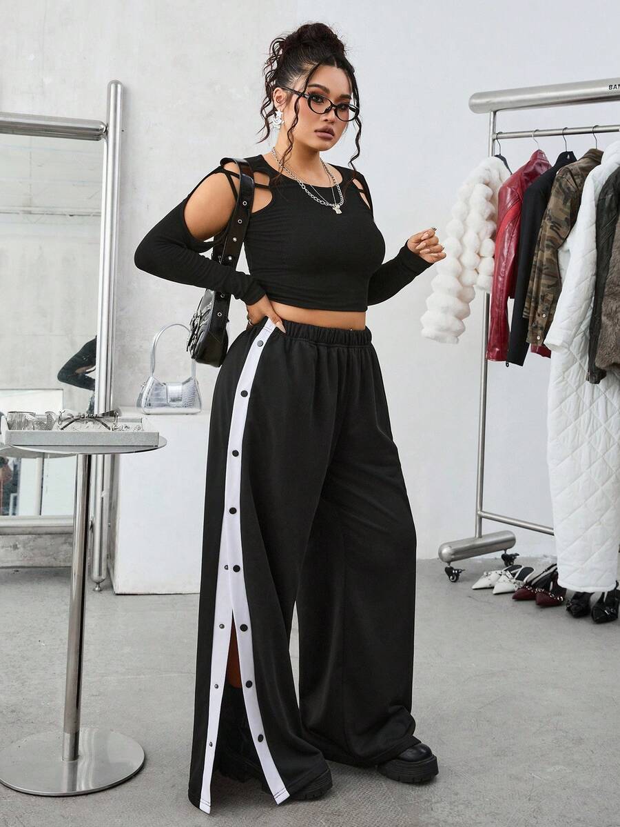 SHEIN EZwear 2025 新款加大码春夏男女通用不对称后幅超宽腿宽松褶皱西装裤，时尚前卫，适合办公室和休闲穿着。 - 黑色 - 查看 1