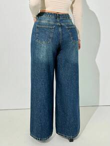 EURMUSE Plus Mid Waist Slant Pocket Wide Leg Boyfriend Jeans - Medium Wash - View 2