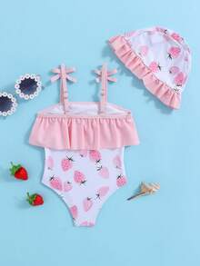 SHEIN Babygirl 夏季可爱草莓图案荷叶边细肩带连体泳衣（带帽） - 粉色 - 查看 2