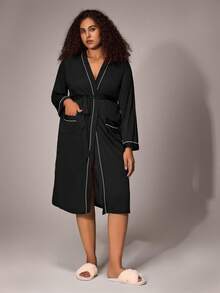 Plus Contrast Piping Belted Robe Without Lingerie Cozy And Elegant Details, For Fall Outfit