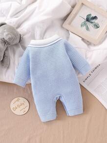 SHEIN Vintaside Kids 男宝宝时尚可爱百搭卡通熊毛衣爬行服针织连体衣 - 淺藍色 - 查看 2