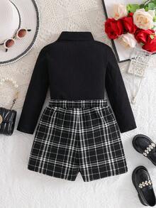 Emery Rose Kids Emery Rose Kids 女童可爱针织黑色长袖上衣和格子松紧腰短裤套装，休闲优雅的日常服装，秋冬 - 黑色 - 查看 3