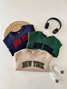 3 Stück/Set Collegestyle Thermo-Sweatshirt Set für Kleine Jungen mit kontrastfarbener, dicker Stickerei-Grafik, bequem & vielseitig, geeignet für Winter und Herbst