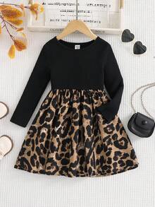 Young Girl Knitted Round Neck Fitted Patchwork Ditsy Floral Woven Dress Fall Winter - Black - View 1