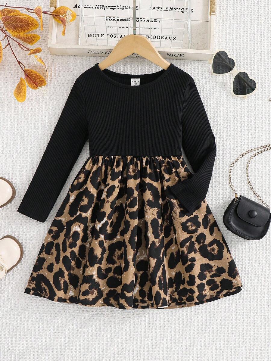 Young Girl Knitted Round Neck Fitted Patchwork Ditsy Floral Woven Dress Fall Winter - Black - View 1