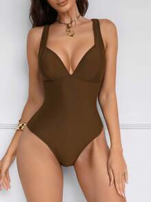 Shapewave Women's Brown Patchwork Push-Up Tummy Control One-Piece Swimsuit With Tying Straps, Backless Design, Elegant & Sexy For Party, Pool - Coffee Brown - View 8