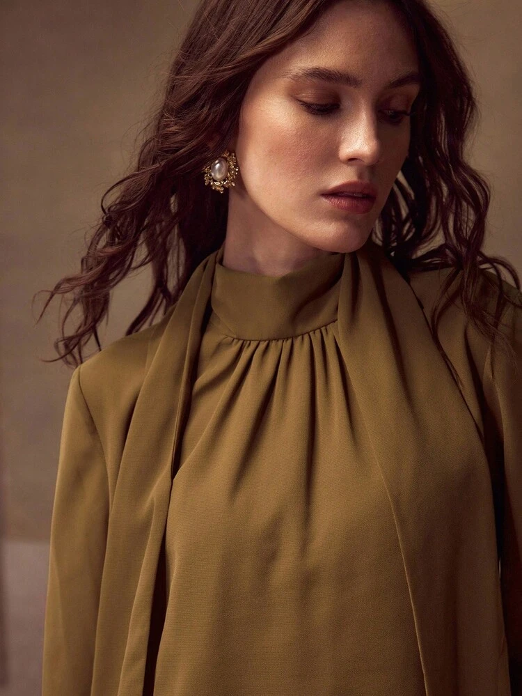 CHIFFON SOLID HIGH NECK DESIGN RIBBON BLOUSE