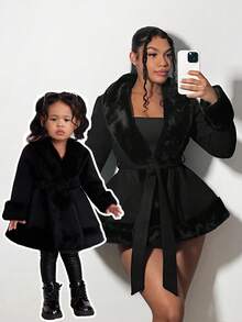 SHEIN Young Girl Elegant & Cute Black Faux Fur Collar Belted Jacket, Versatile,In Fall/Winter - Black - View 1