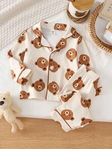 2pcs Toddler Boys Cute Casual Cartoon Bear Print Zip-Up Long Sleeve Top And Pants Homewear Set, Light Apricot Fall Winter - Multicolor - View 7