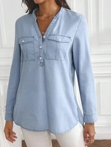 SHEIN Tall 女式休闲V领卷袖牛仔衬衫，秋季 - 淺色水洗藍 - 查看 4