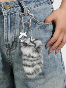 ROMWE Grunge Punk 1pc Y2K Retro Elegant Minimalist High-End Acrylic Bow, CCB Heart, Black & White Ombre, Fluffy Mini Animal Tail, Star Keychain Bag Charm, Suitable For Women, Daily Wear, Holiday Gift - Black and White - View 7