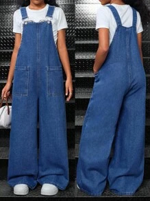 SHEIN Tween Girls Casual Solid Washed Loose Sleeveless Strappy Wide Leg Denim Jumpsuit Overalls Straight Leg Pants Without Tee,Girls Back To School Homecoming Outfits,Solid Color Elegant & Simple & Versatile Flare Pants, Fall Autumn Winter Clothes Outfits,Kids Back To School Streetwear Outfits,Comfortable And Versatile, For 8-12 Years Old Girls, Suitable For School, Home And Travel, Wide Leg Denim Overalls, Teen Wide Leg Overalls Denim, Teen Girl Overalls, Jean Overalls