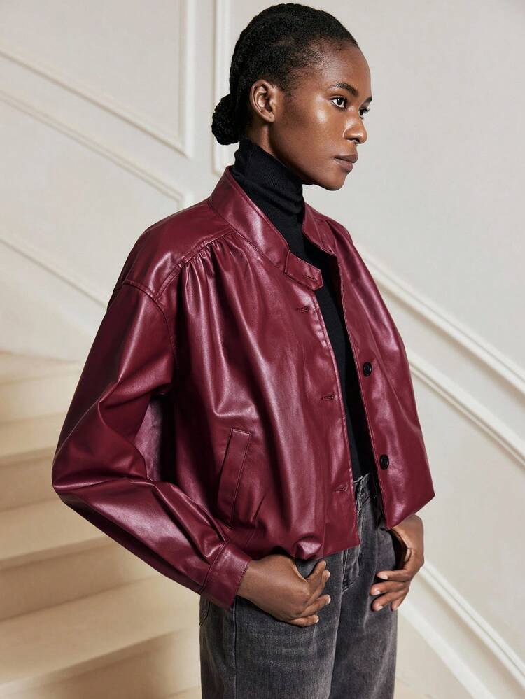 SHEIN Maija Red Autumn Modern Urban Casual Fashion Women Leather Jacket, Versatile & Loose Fit, Comfortable,Business Casual Woman,Christmas Goth Halloween,Fall For Women New Year Saudi National Day Party