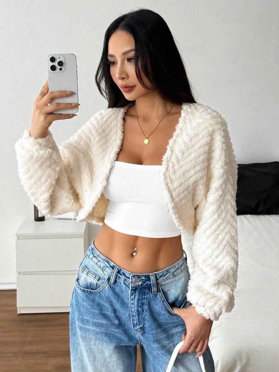 SHEIN PETITE 純色休閒秋冬女款長袖刷毛夾克 小碼可愛風 - 白色 - 查看 1
