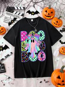 Trang phục hóa trang Halloween cho nữ thời trang giản dị sáng tạo đầy màu sắc hình ma và khẩu hiệu in họa tiết cơ bản tay ngắn - màu đen - Xem 4