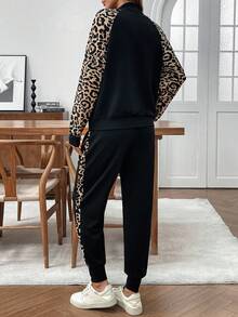 EMERY ROSE Conjunto de top de manga larga y pantalones de 2 piezas con parches de estampado sólido y de leopardo para mujer - Multicolor - Ver 2