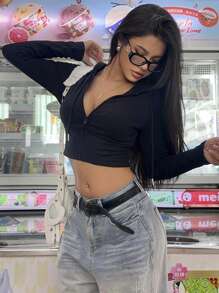 SHEIN EZwear 1pc Women's Screaming Ghost Face Graphic Zippered Hoodie For Fall And Winter,Long Sleeve Tops Back To School Fall And Winter Clothing Autumn And Winter - Black - View 5