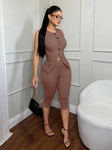 SHEIN SXY 2pcs Plaid Print Button Front Vest Jacket & 1pc Skinny Pants Woman 2 Pieces Outfits Brown Outfit Sleeveless Top And Set Piece Gingham - Brown - View 4