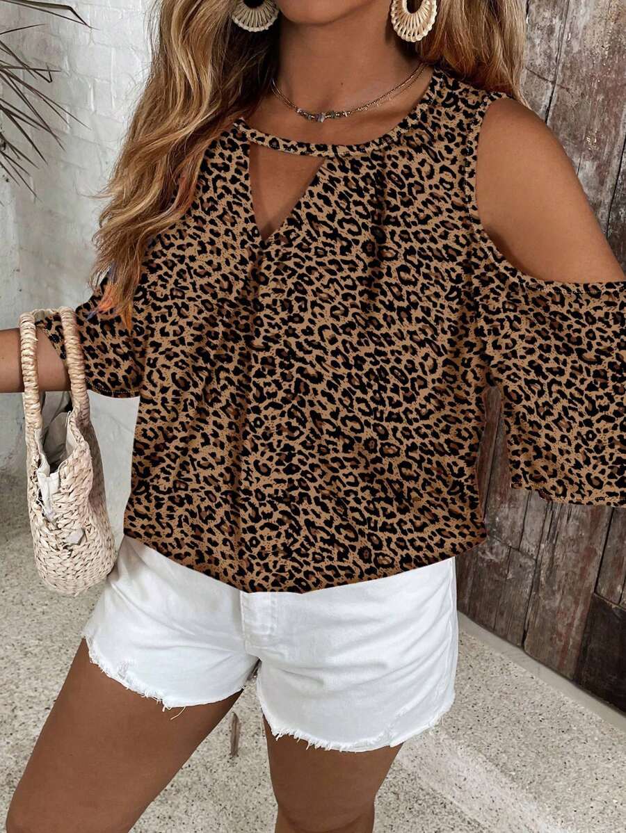 EMERY ROSE Back To School Season Teacher's Day Holiday Style Casual Versatile Plus Size Off-Shoulder Holiday Style Retro Small Leopard Pattern Keyhole Collar Shirt, Summer Vacation Chic Blouses For Women,Spring - Multicolor - View 1