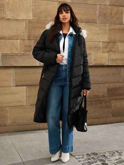 EURMUSE Women's Longline Quilted Padded Coat With Faux Fur Trim Hood - Winter Warm Zip Up Parka Jacket, Winter Coats