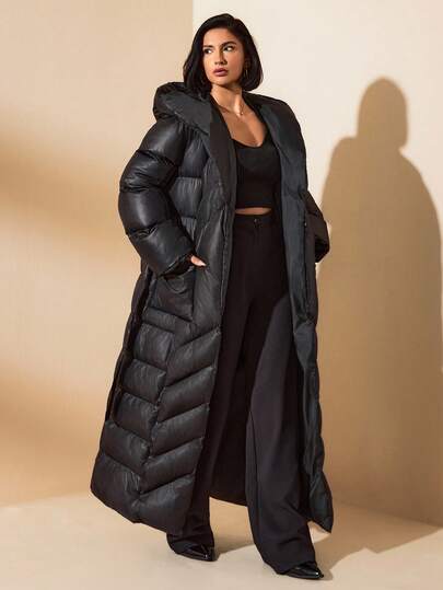 EURMUSE Women Solid Color Belted And Pocket Detailed Long Winter Coats