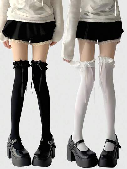 Kawaii 2 Pairs Cute Ribbon Bow Over-The-Knee Socks, Lolita Style Black & White Solid Color Lace Thigh High Socks, Daily Wear Super Thin Elastic Sheer Tights