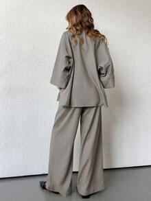 Aveloria Modichic 2 件套女士混纺侧开衩宽松衬衫和高腰阔腿裤优雅商务休闲女装 - 淺灰色 - 查看 3