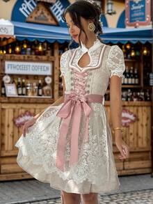 Aloruh 全新慕尼黑啤酒节紧身连衣裙，拼色巴伐利亚印花围裙领带服装连衣裙 - 香檳色 - 查看 2