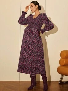 MaterniWear Roupas de trabalho para gestantes, roupas de trabalho para gestantes, vestidos de trabalho para gestantes, roupas casuais para mulheres, roupas de outono para gestantes, roupas casuais para gestantes, vestido estampado com franzidos, vestido floral roxo, vestido longo para gestantes, vestido floral de manga comprida, vestido de maternidade com babados, vestido com babados