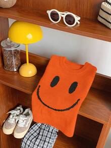 SHEIN 1 件小男孩柔软、舒适、可爱的针织圆领套头衫，长袖运动衫，适合春季、夏季、秋季、冬季、日常穿着、户外、学校、派对、节日、圣诞节、新年 - 橘色 - 查看 3